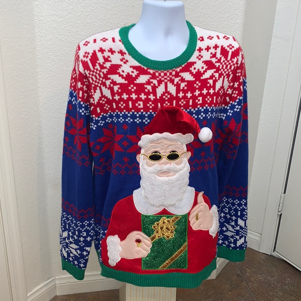 Christmas Santa Holiday Ugly Blue Red Green Sweater Gift Sunglasses Ruby Ring